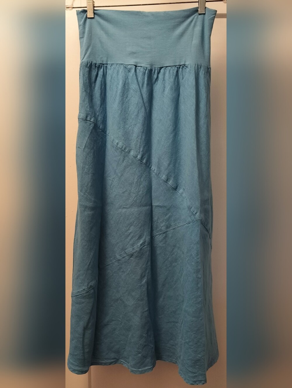 Soft Blue 100% Cotton Maxi Panel Skirt with Fold-Over Waist